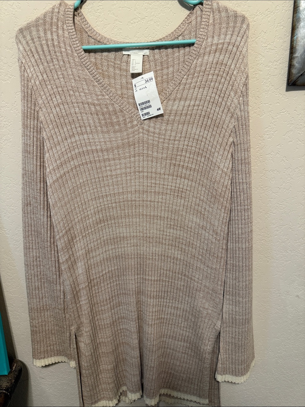 H&M Ribbed V-Neck Tunic in Taupe Beige